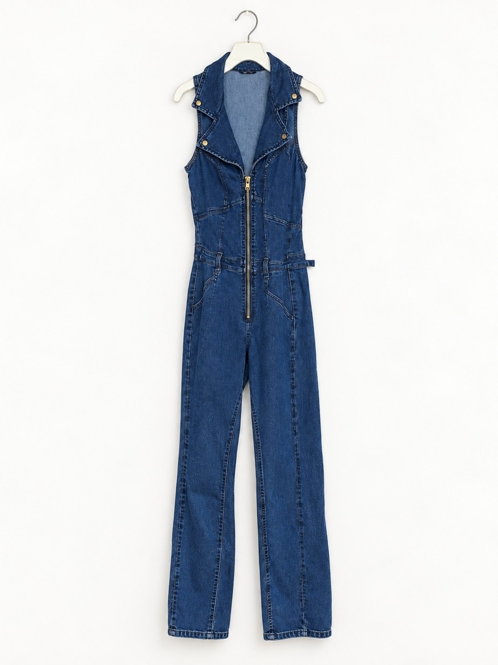 Guess Sleeveless Dark Blue Denim Jumpsuit with Front Zip